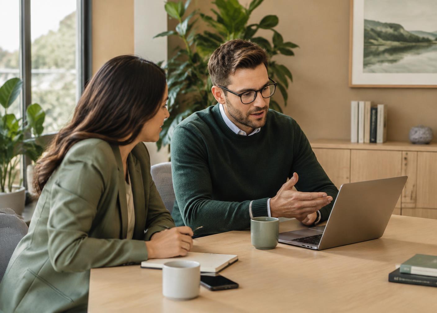 Zwei Menschen besprechen ein Projekt am Laptop
